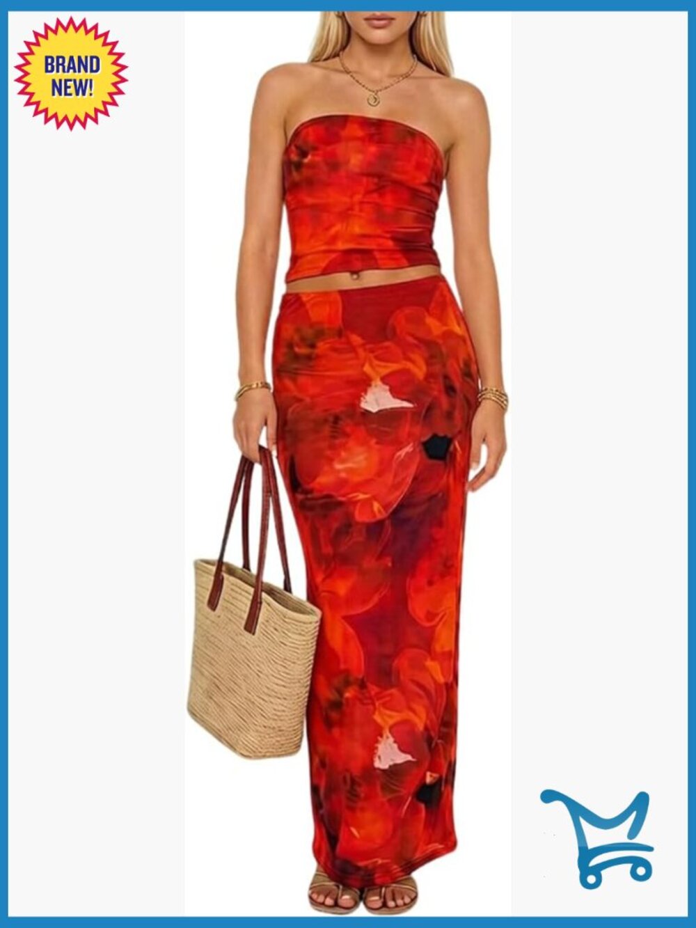 Y2K Floral Tube Top & Bodycon Maxi Skirt Set 2pc
